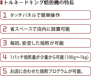 トルネードキング焙煎機の特長　タッチパネルで簡単操作、省スペースで店内に設置可能、毎回、安定した焙煎が可能,
           1バッチ焙煎量が少量から可能（100g〜1kg）、お店に合わせた焙煎プログラムが可能。